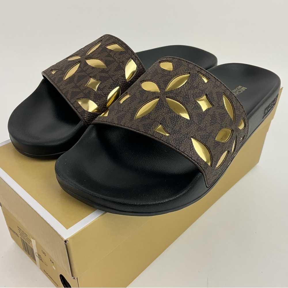 Michael Kors Mimi Flower Cutout Brown Slides NIB